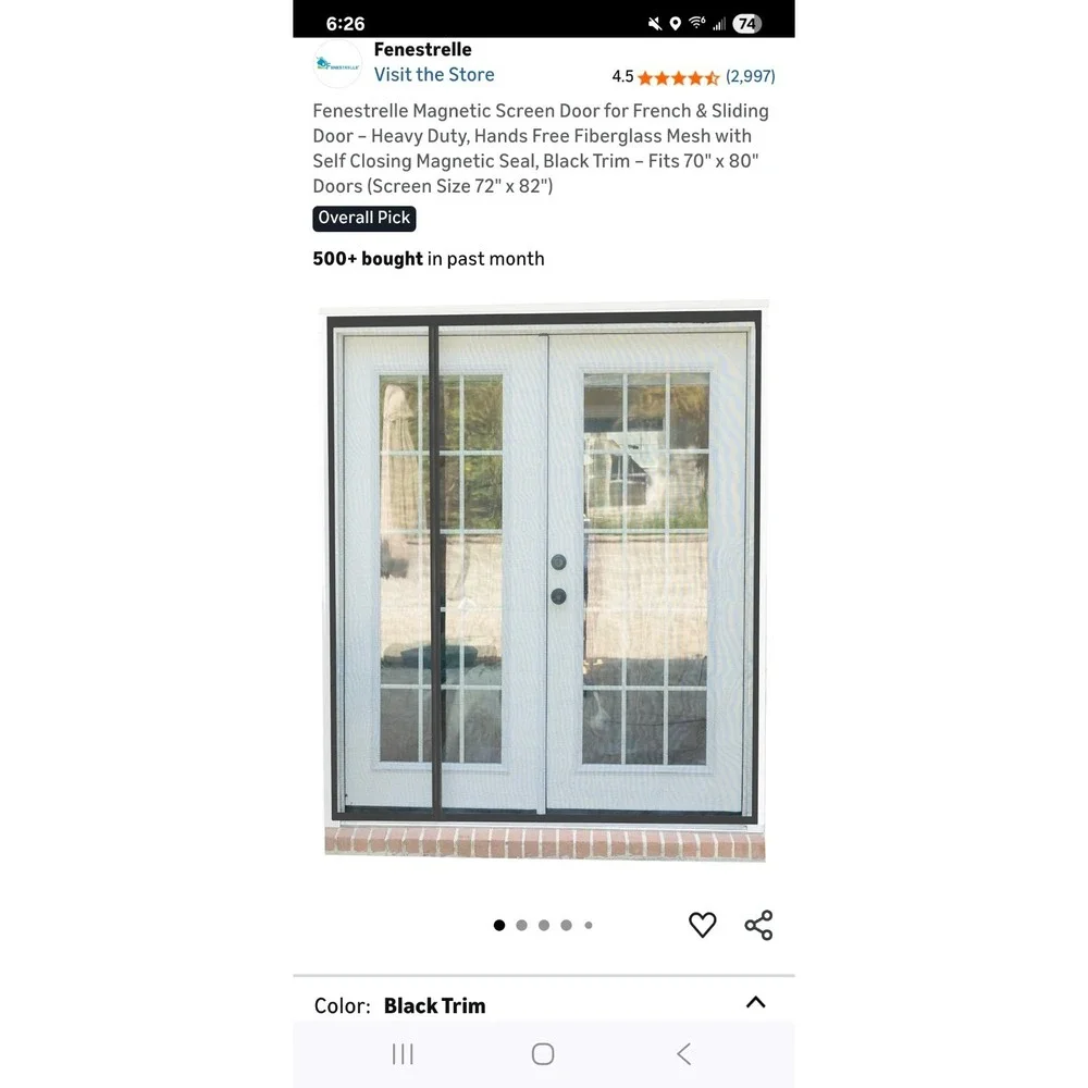 Fenestrelle 70inx80in black Trim Magnetic Tear-Resistant Fiberglass Screen Door